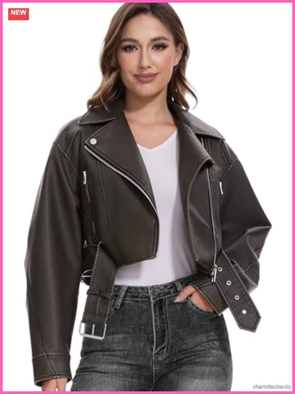 Faux Leather Moto Jacket Women Slim Fit Zip Biker Coat